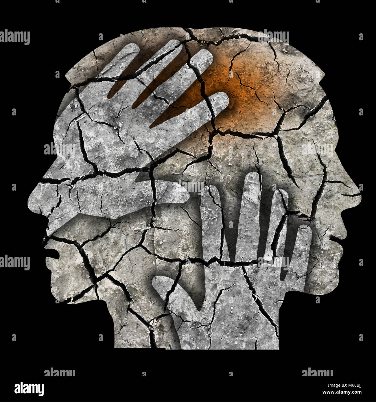 Schizophrenie männlichen Kopf Silhouette. Der Mensch seinen Kopf. Foto-Montage mit trockener Erde symbolisieren, Schizophrenie, Depression, Kopfschmerzen geknackt. Stockfoto