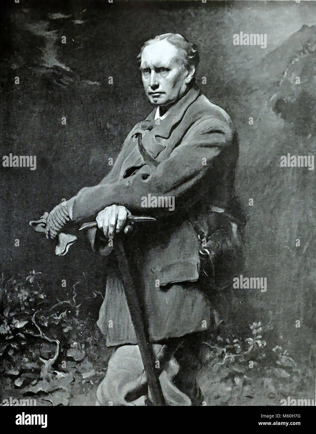 EDWARD WHYMPER (1840-1911) englischer Schriftsteller und Bergsteiger, der die erste Besteigung des Matterhorns im Jahr 1865. Malerei von Lance Stollen 1884. Stockfoto