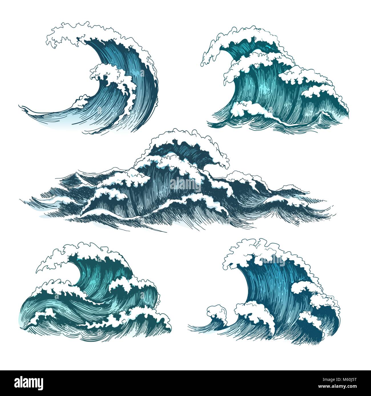 Wellen des Meeres. Vintage cartoon Meer Gezeiten Storm Wellen isoliert auf weißem Hintergrund für das Surfen und Seascape, Vector Illustration Stock Vektor