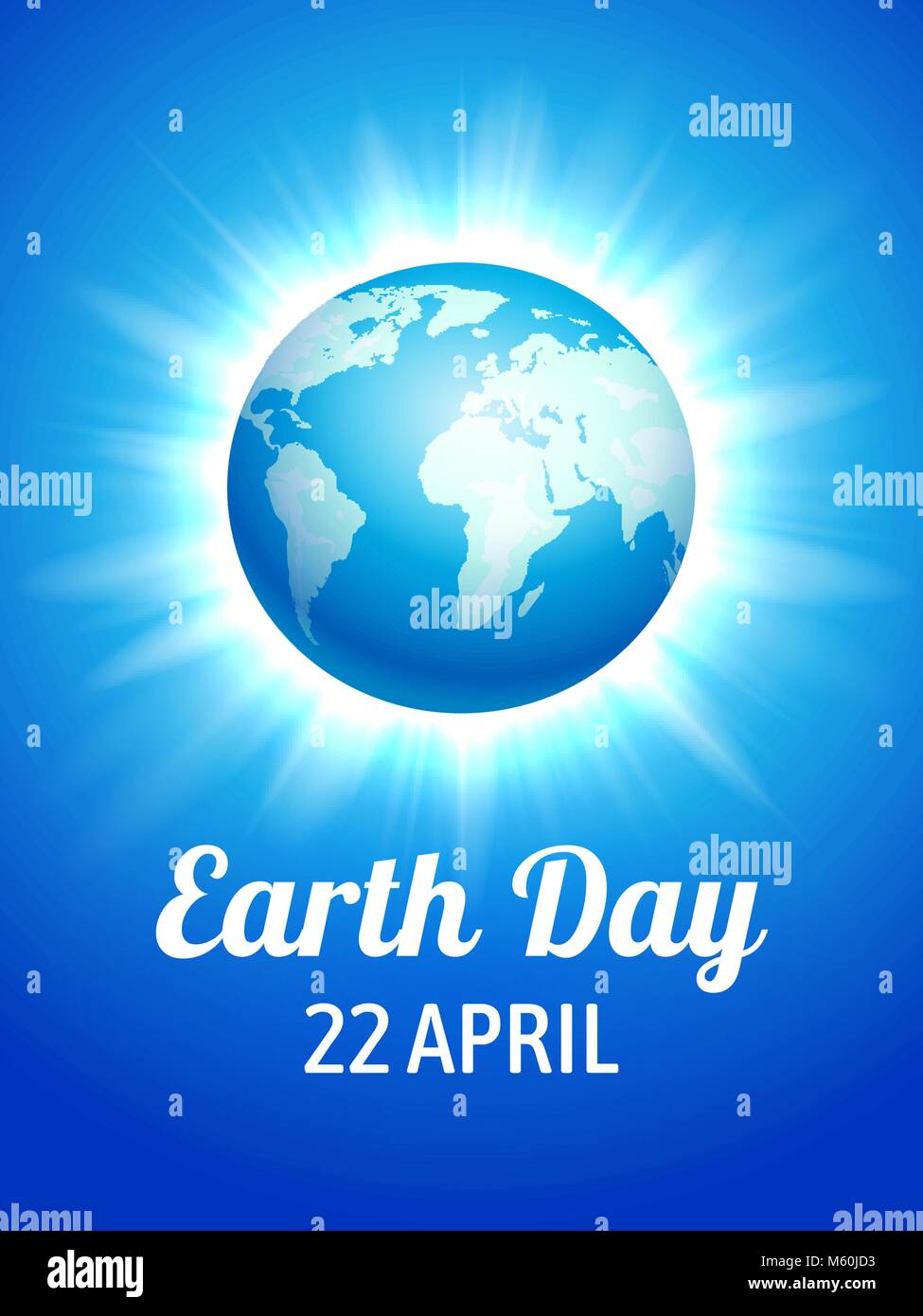 Tag der Erde Poster. Vector Illustration der blaue Globus Planet auf der Flash star Hintergrund Stock Vektor