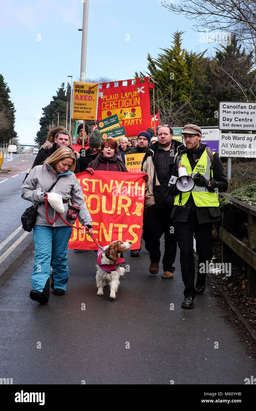 Aberystwyth, Großbritannien. 27 Feb, 2018. Aberystwyth Studenten und Dozenten März für Rentenansprüche Credit: Giles W Bennet/Alamy leben Nachrichten Stockfoto