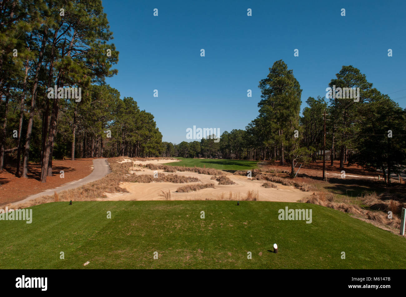 Southern Pines, North Carolina, USA. 27 Feb, 2018. Februar 27, 2018 - Southern Pines, N.C., USA - Der Blick aus dem 9-T-Stück der Kyle Franz restauriert Donald Ross Kurs im Pine Needles Lodge and Golf Club, der 2 U.S. Senior Frauen Open Championship, Mai 16-19, 2019 und in den USA Frauen öffnen, June 2-5, 2022 im Pine Needles Lodge and Golf Club. Die 2019 Veranstaltung wird 6. der club der USGA Meisterschaft, des vierten US-Frauen öffnen Markieren, und der erste seit 2007 der US-Frauen öffnen von Cristie Kerr gewann. Credit: Timothy L. Hale/ZUMA Draht/Alamy leben Nachrichten Stockfoto