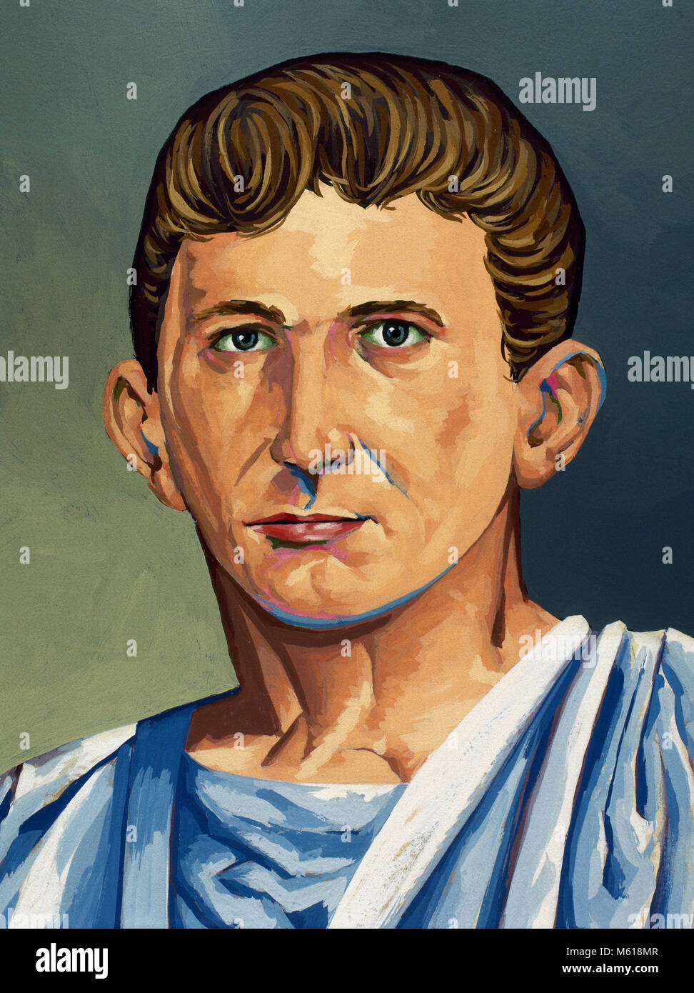 Augustus (63 V.CHR.-14 N.CHR.), erster Kaiser des römischen Reiches. Zeichnung von Francisco Fonollosa, Ende des 20. Jahrhunderts. Aquarell Malerei. Stockfoto
