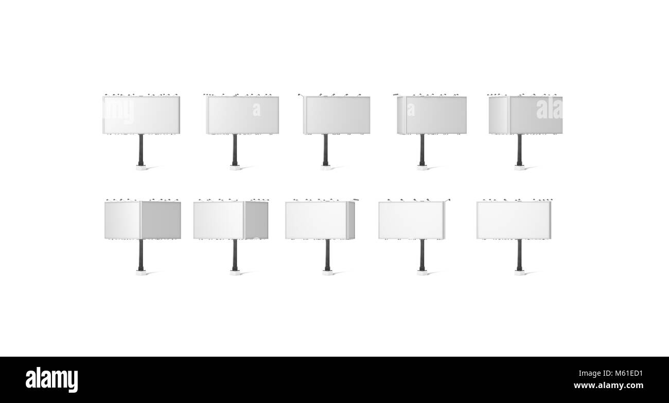 Leere weiße Banner Mockup, Stadt drei Seiten Reklametafeln, 3D-Rendering. Leer drehende tri-vision Bill board Mock up isoliert, alle Drehwinkel. Klar Stockfoto