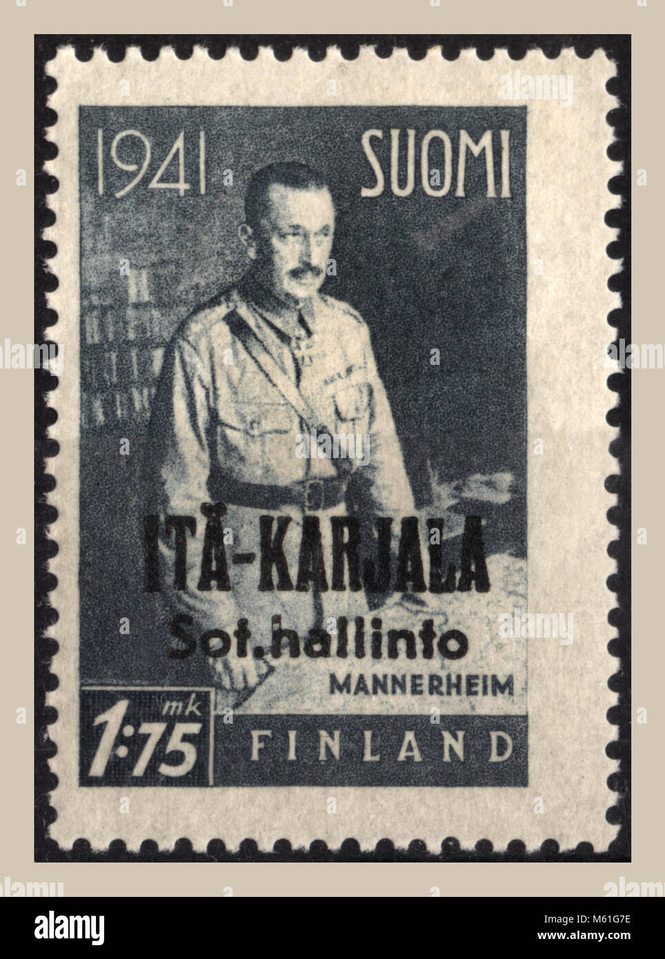 WW 2 Finnischen Briefmarke 1,75 mk für Osten Karelien Finnland 1941 mit General Mannerheim in Uniform als unmittelbare heute Administrator Stockfoto