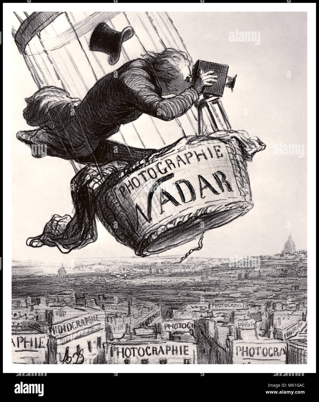 NADAR FOTOGRAF BALLONFAHRER Jahrgang 1800 Cartoon des französischen Fotografen Nadar gefeiert, ab der die Technik von Luftaufnahmen aus einem Ballon Stockfoto
