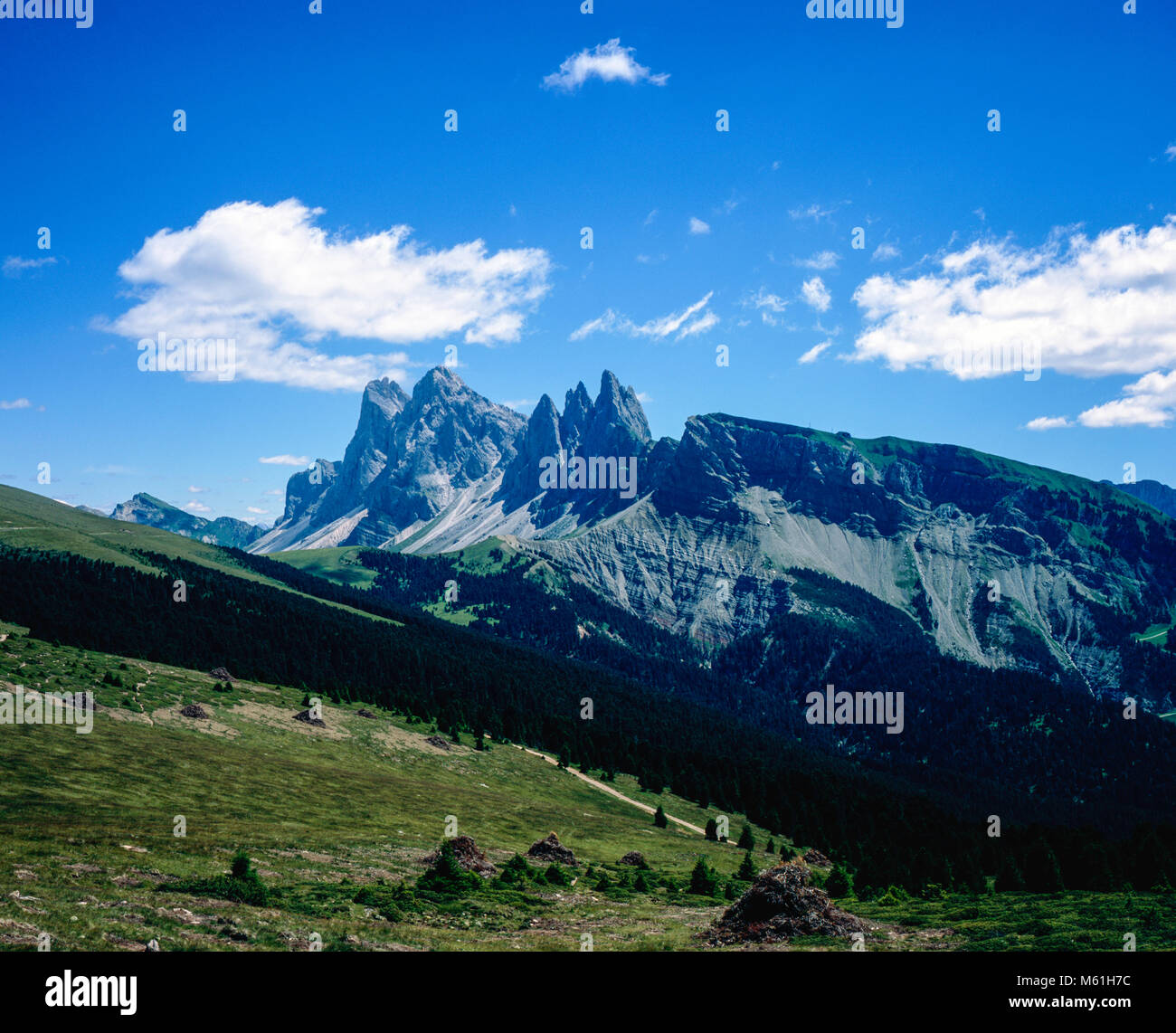 Die geisler Gruppe oder der Gruppo Delle Geisler im Naturpark Puez-Geisler oder Parco Naturale Puez Geisler Passo di Brogles in der Nähe von St. Ulrich in Gröden die Dolomiten Italien Stockfoto