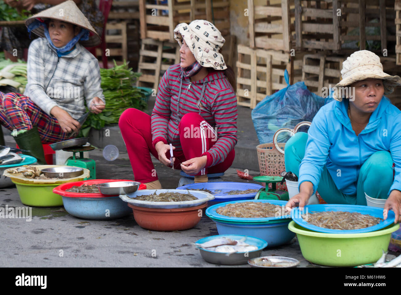 Straße markt anbieter Verkauf von frischem Fisch in Vietnam. Stockfoto