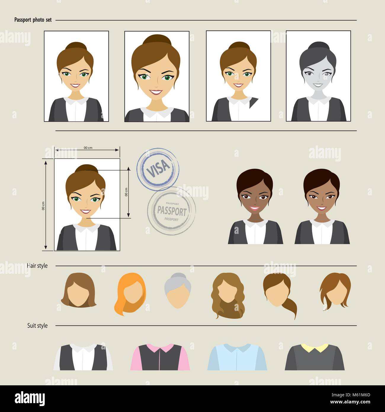 Set Vorlage Gesicht, Anzüge, Kleider, Frisuren. Vector Illustration Stock Vektor