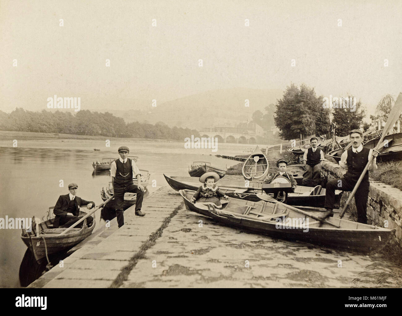 Bootsverleih, Fluss Wye in Builth Wells, Wales, Edwardian, historische Archiv Foto Stockfoto