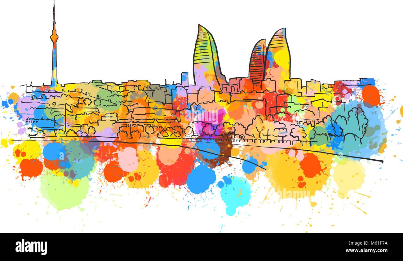 Baku Aserbaidschan farbenfrohe Wahrzeichen Banner. Wunderschöne handgezeichnete Vektor Skizze. Reisen Illustration für Social Media Marketing und Werbung. Stock Vektor