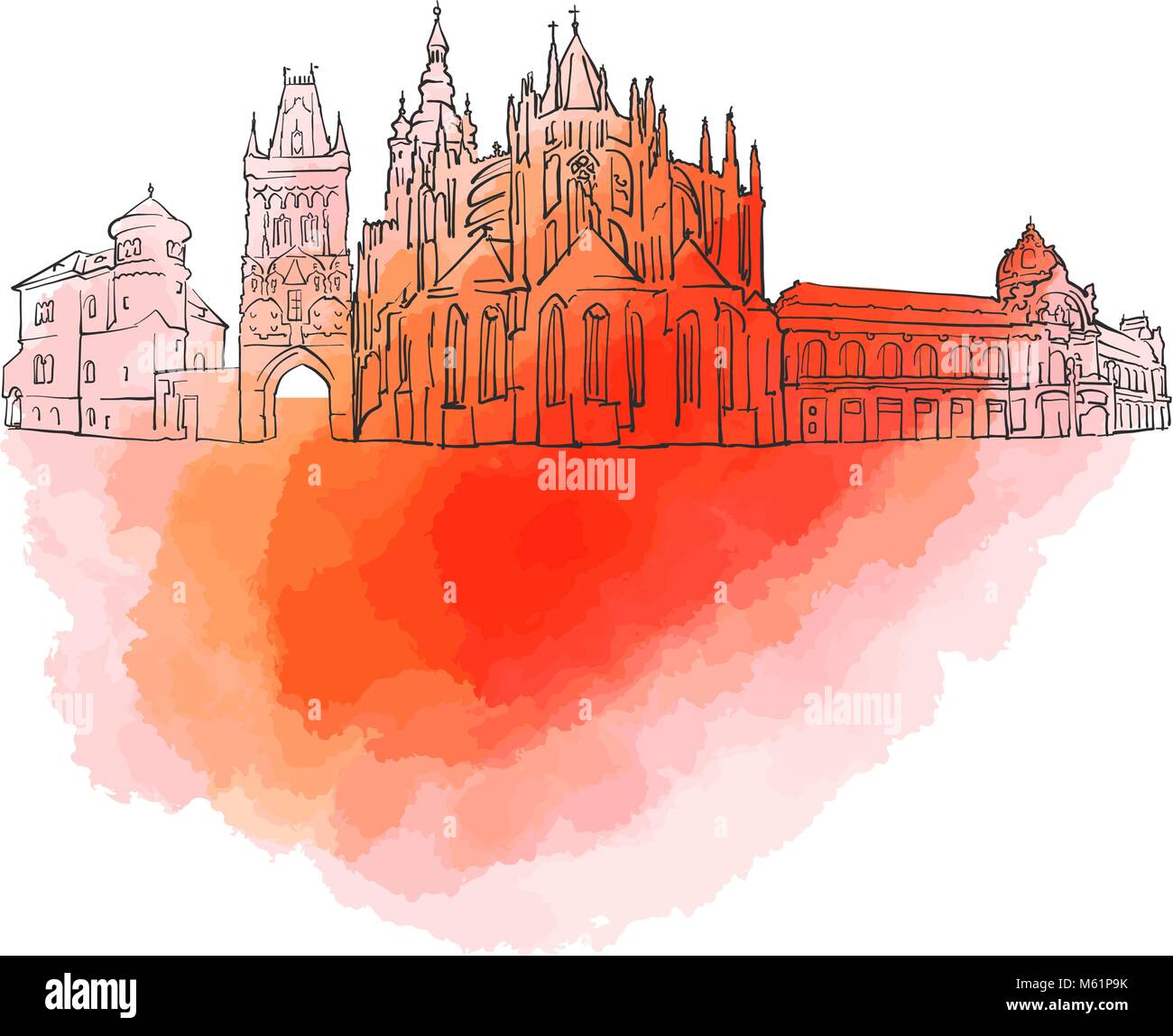 In Prag in der Tschechischen Republik farbenfrohe Wahrzeichen Banner. Wunderschöne handgezeichnete Vektor Skizze. Reisen illustration Für social media marketing und Print advertisi Stock Vektor