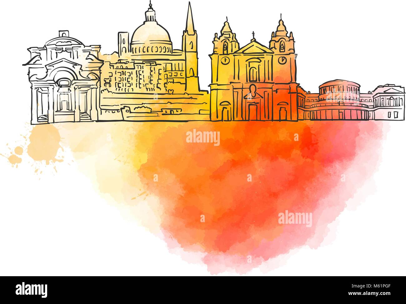 Valletta farbenfrohe Wahrzeichen Banner. Wunderschöne handgezeichnete Vektor Skizze. Reisen Illustration für Social Media Marketing und Werbung. Stock Vektor