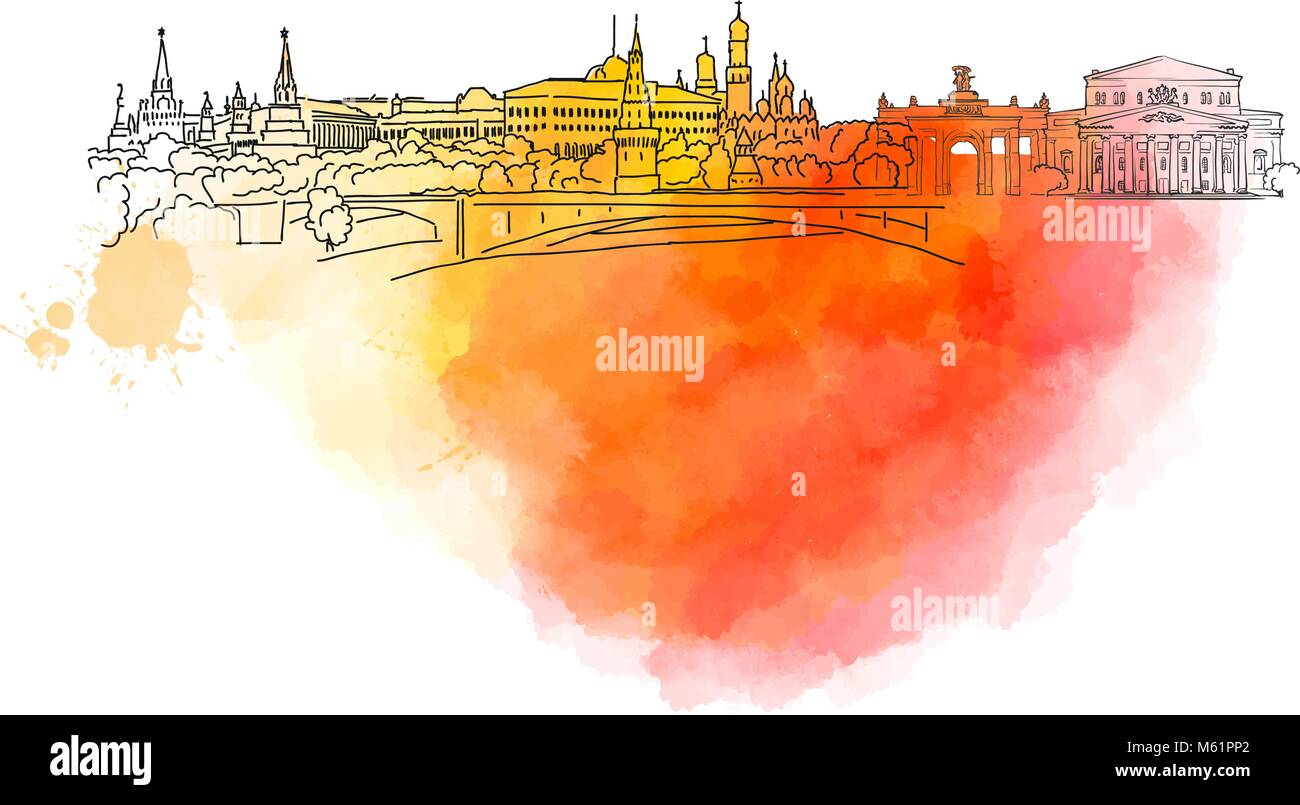 Moskau farbenfrohe Wahrzeichen Banner. Wunderschöne handgezeichnete Vektor Skizze. Reisen Illustration für Social Media Marketing und Werbung. Stock Vektor