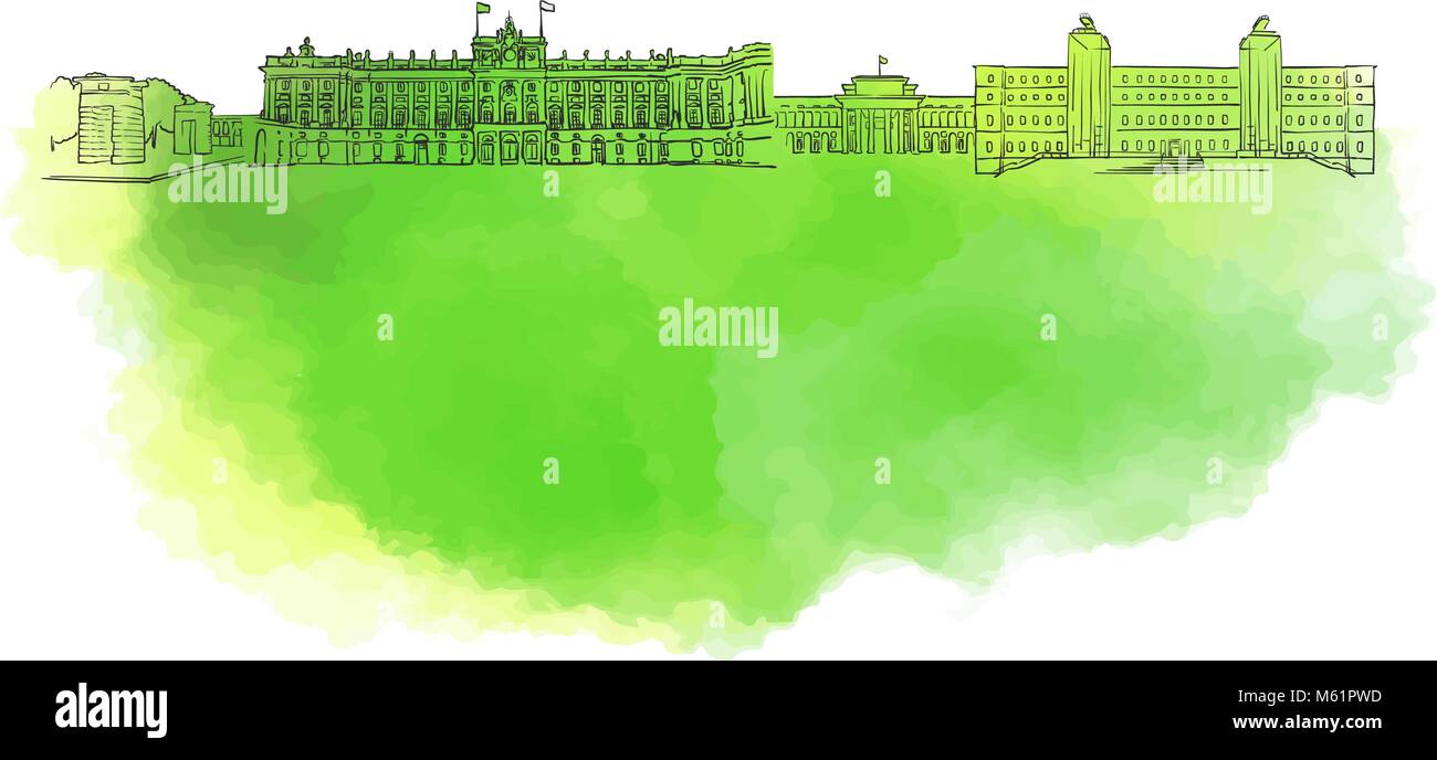 Madrid farbenfrohe Wahrzeichen Banner. Wunderschöne handgezeichnete Vektor Skizze. Reisen Illustration für Social Media Marketing und Werbung. Stock Vektor