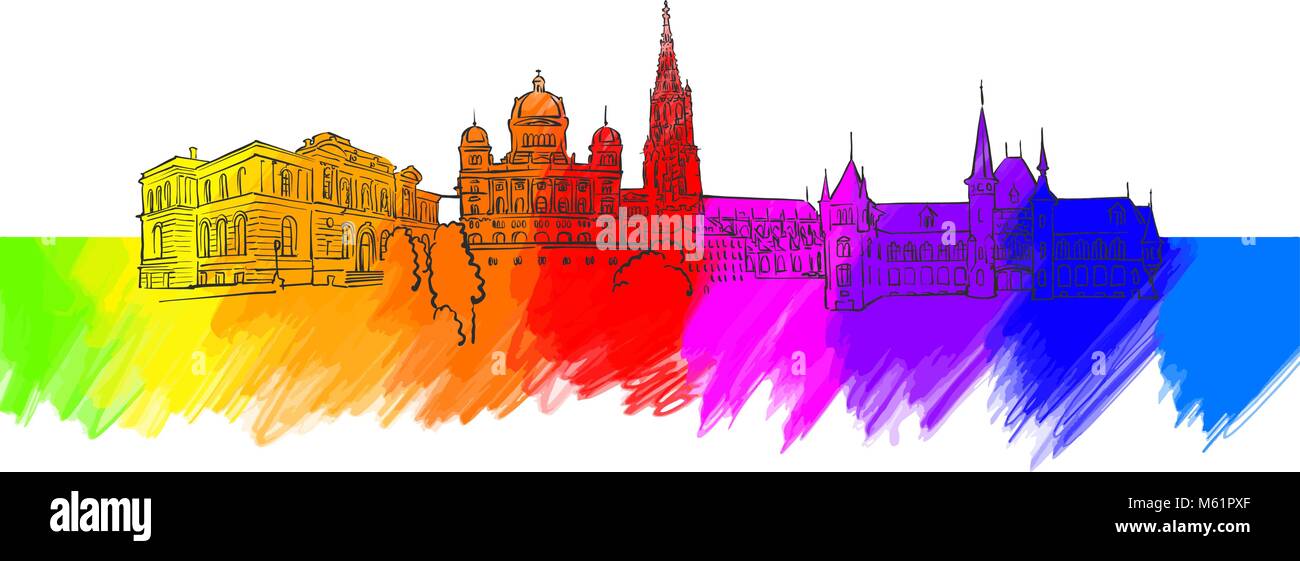 Bern farbenfrohe Wahrzeichen Banner. Wunderschöne handgezeichnete Vektor Skizze. Reisen Illustration für Social Media Marketing und Werbung. Stock Vektor