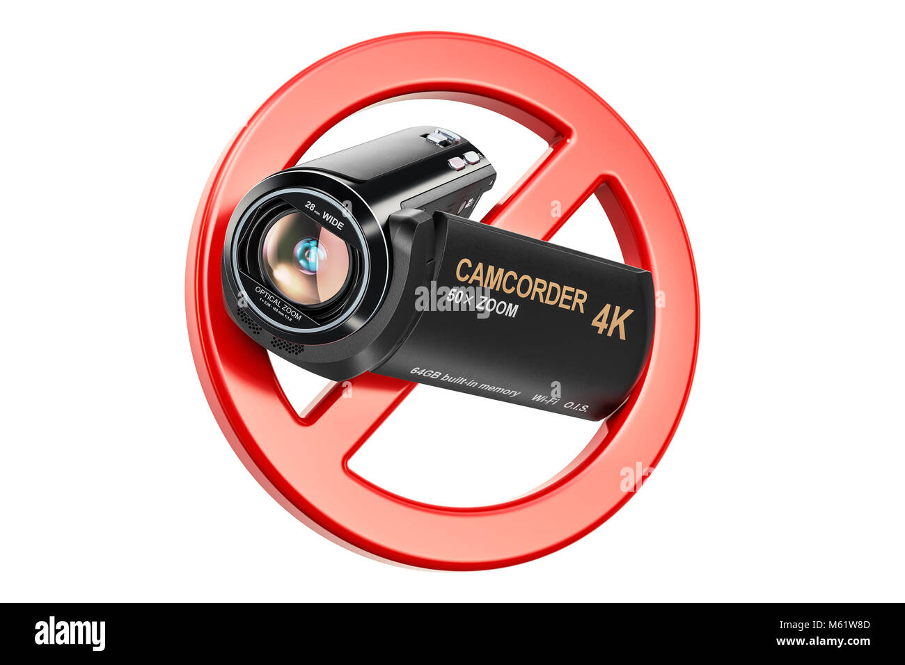 Verbotszeichen mit Camcorder, Video Kamera. 3D-Rendering auf weißem Hintergrund Stockfoto