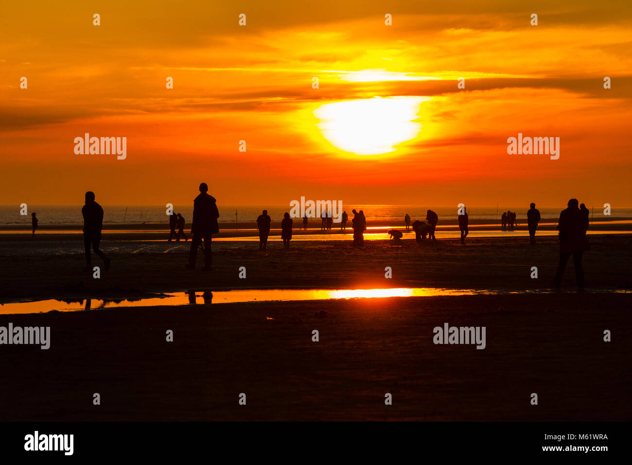 Menschen machen Sie einen Spaziergang am Strand von Rindby bei Sonnenuntergang, der Johannisnacht Stockfoto