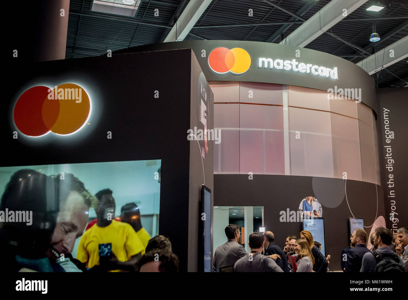 MASTERCARD Pavillon auf der größten mobilen Messe des jährlichen Mobile World Congress 2018, Welt, in dem die führenden Unternehmen und wh Stockfoto