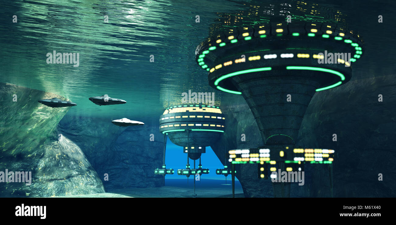 Mehrere Raumschiffe verlassen ein Unterwasser Alien City in einer Höhle hier auf der Erde versteckt. Stockfoto