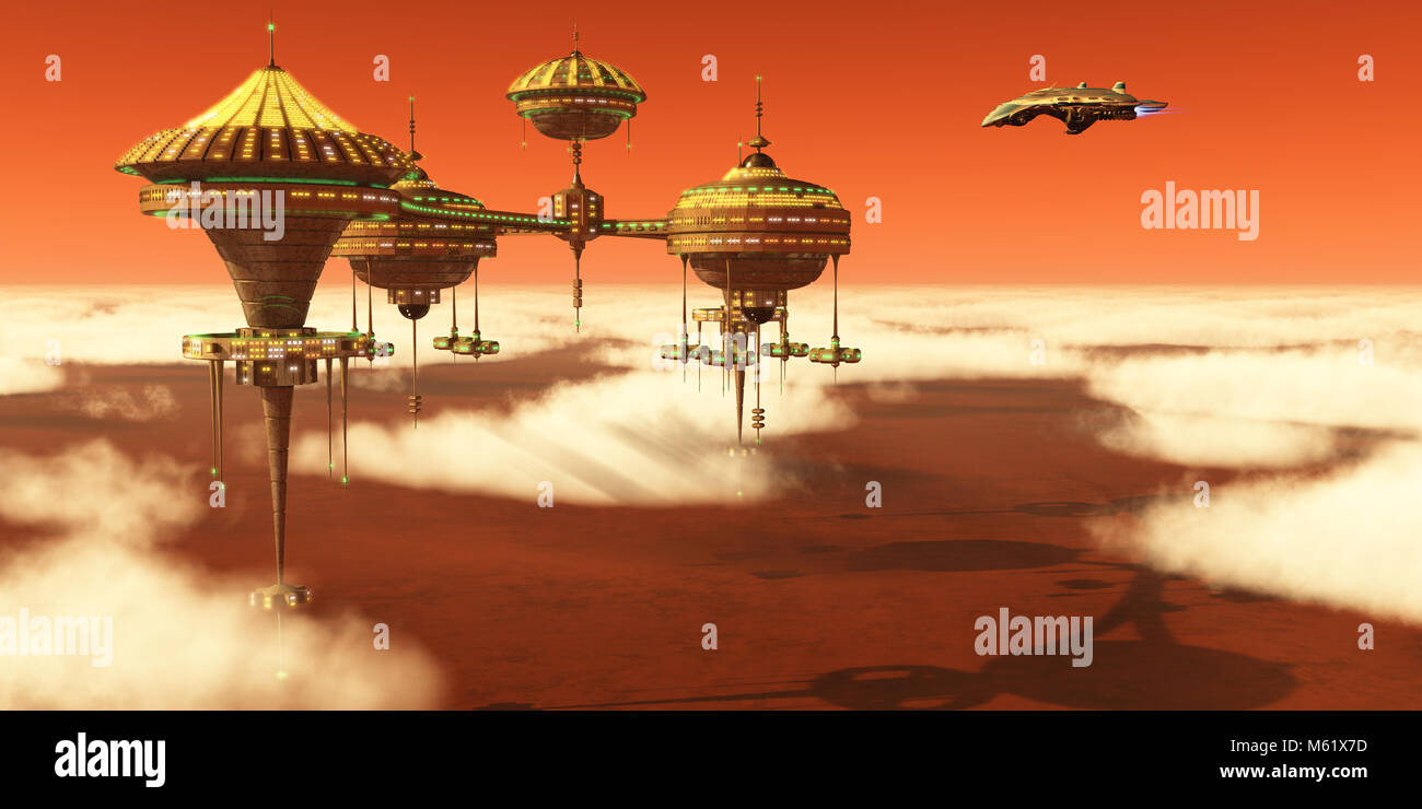 Ein Mars Planeten Kolonie in der oberen Atmosphäre Umlaufbahn um den Roten Planeten wie die Erde Wissenschaftler untersuchen. Stockfoto