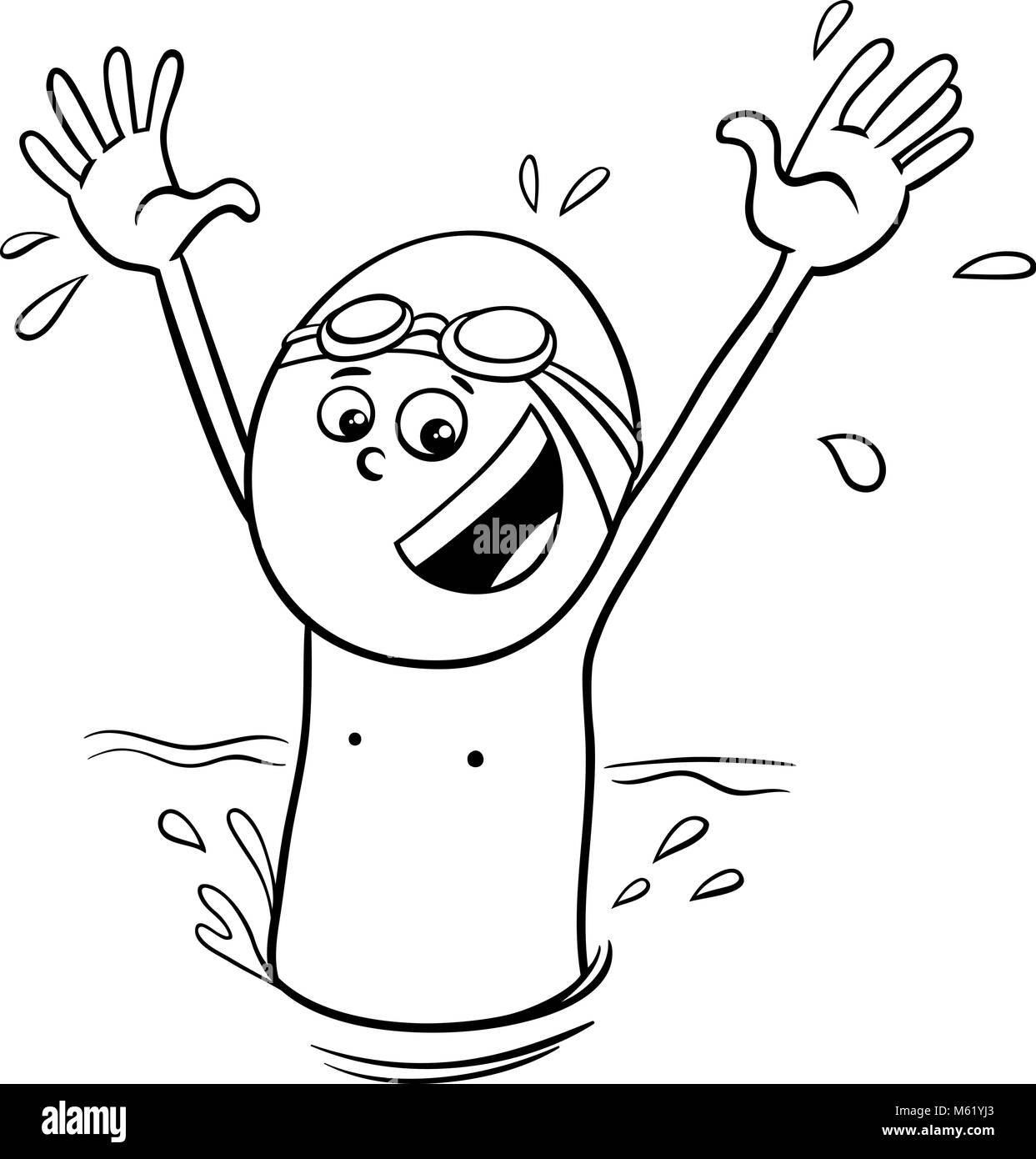 Schwarze und Weiße Cartoon Illustration von Happy Boy schwimmen im