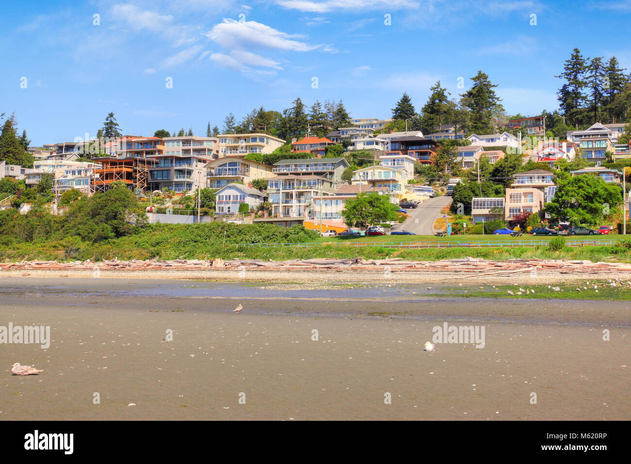 Ebbe auf dem sandigen Strand an der beliebten malerischen Küstenort von White Rock umgebenden Semiahmoo Bay in der Nähe von Vancouver in British Columbia Kanada Stockfoto