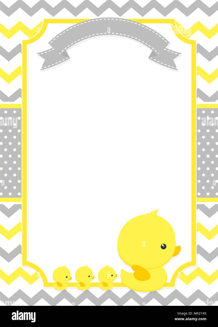 Babyduscheeinladung mit niedlichen Ente Mama und Baby Enten auf Chevron Muster und Polka Dots Hintergrund Stock Vektor