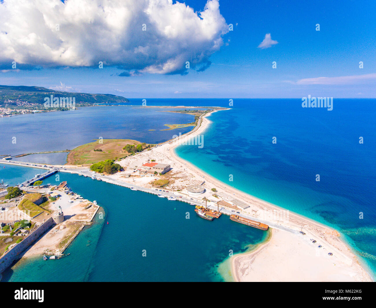 Lefkada Bucht und längsten Strand als aus der Luft gesehen Stockfoto