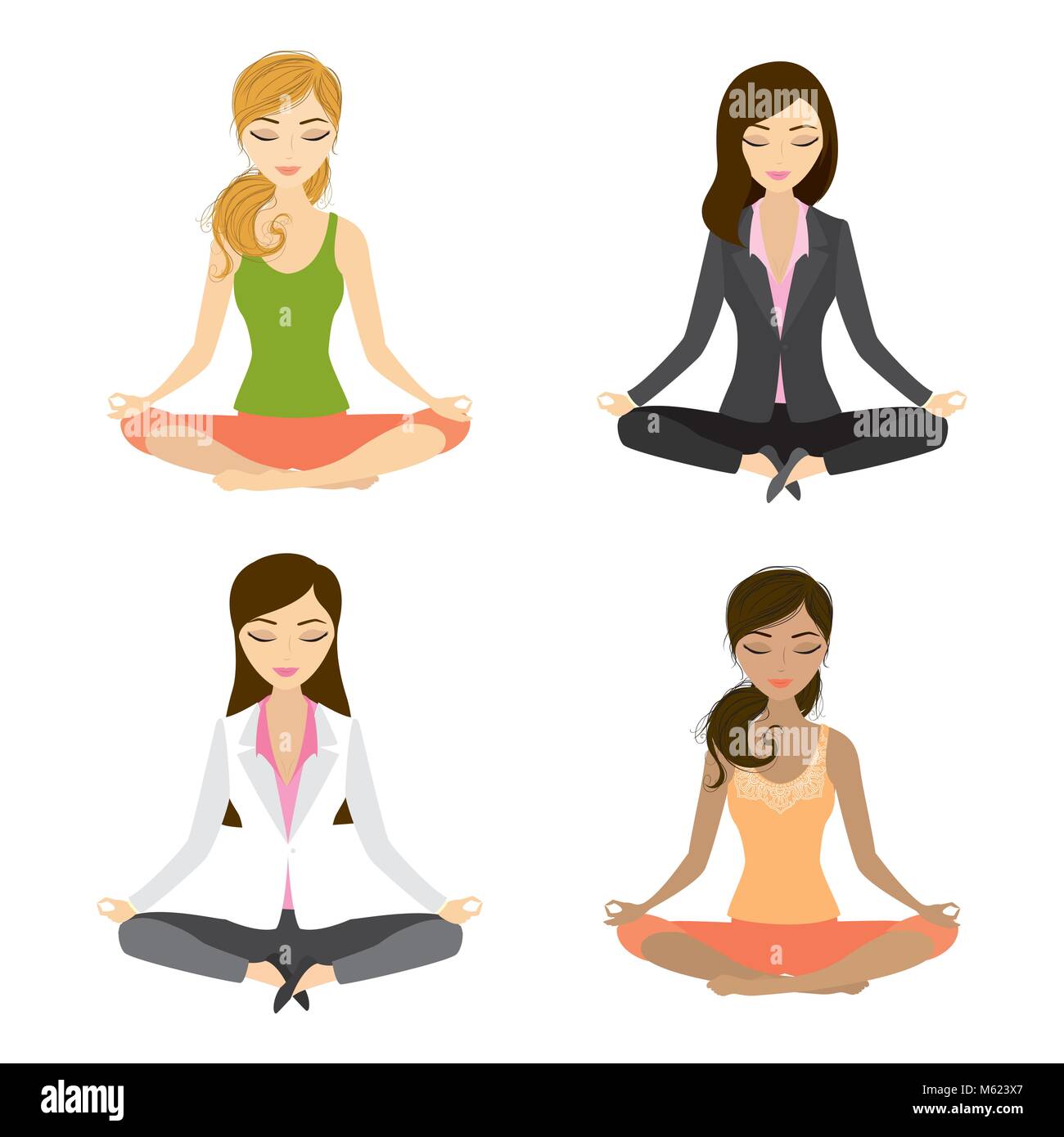 Gruppe von Menschen, die Yoga. in der Mitte von einem Arbeitstag entspannen. Geschäftsfrau Meditation im Lotussitz. auf weißem isoliert. Vector Illustration Stock Vektor