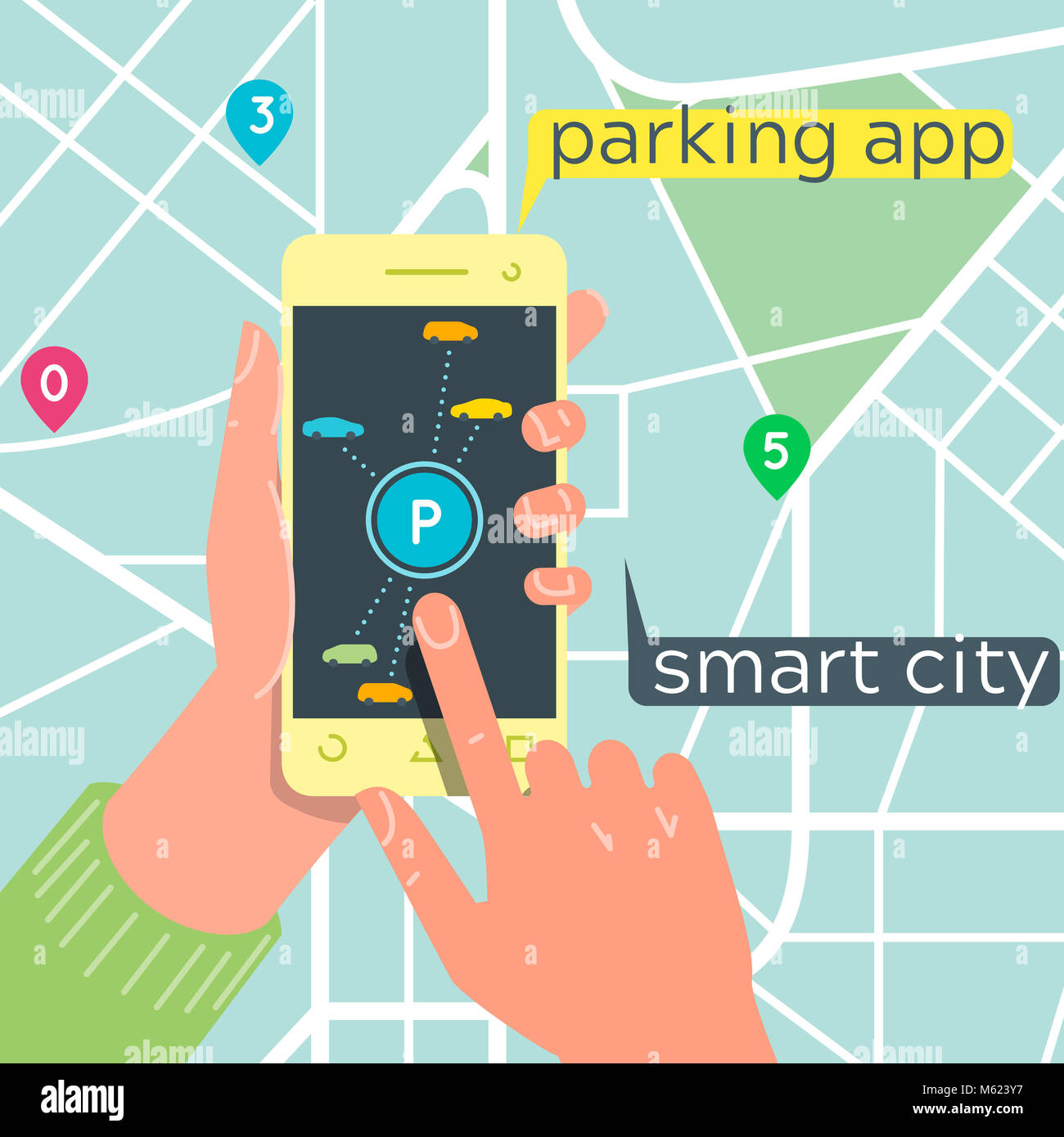 Smart City Parkplatz mobile App Konzept. Stadtverkehr Technologie Abbildung. Flache Open Line Design Layout Stockfoto