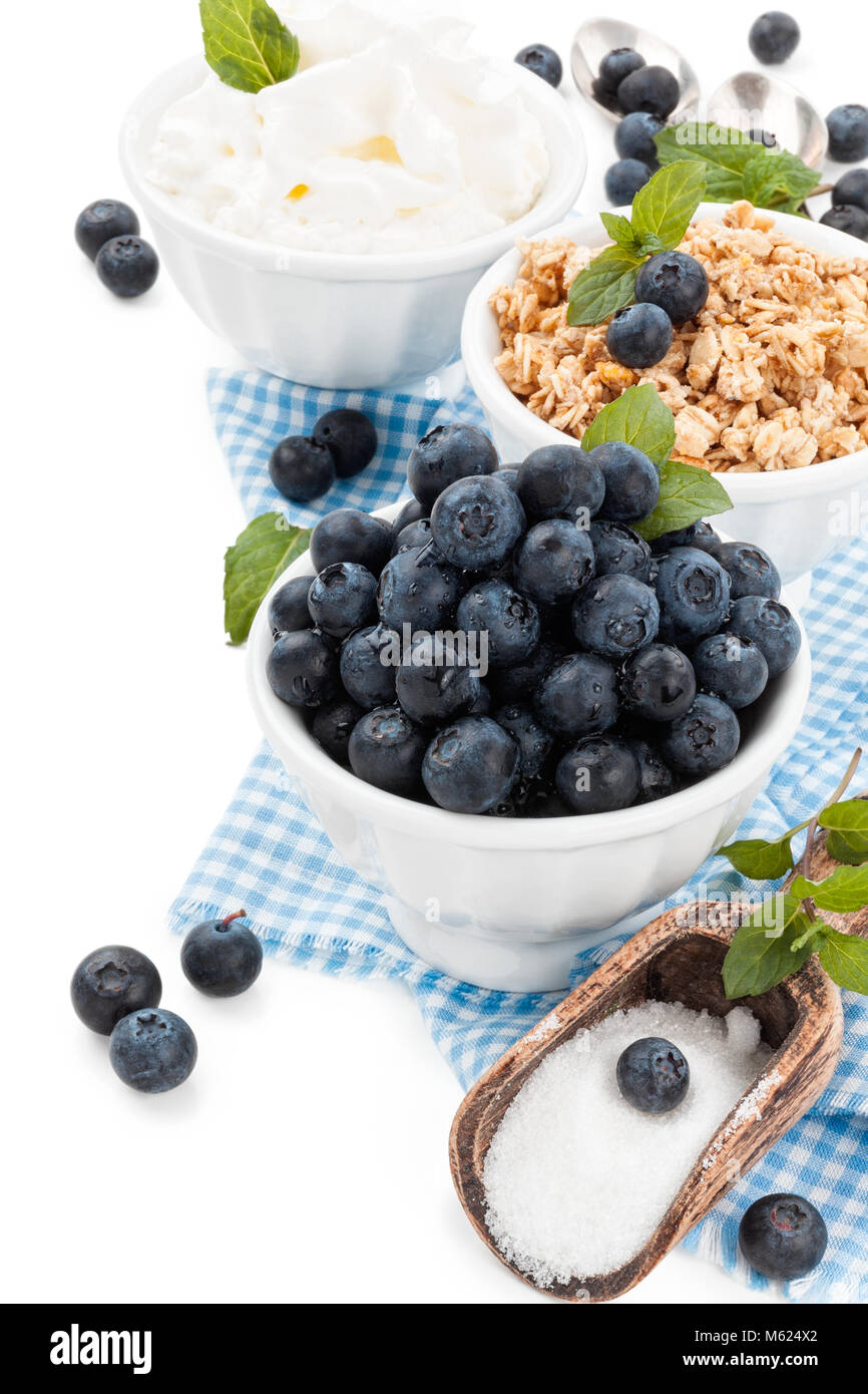 Frische Heidelbeeren und Minze. Mit Wassertropfen. Auf weissem Hintergrund. Stockfoto