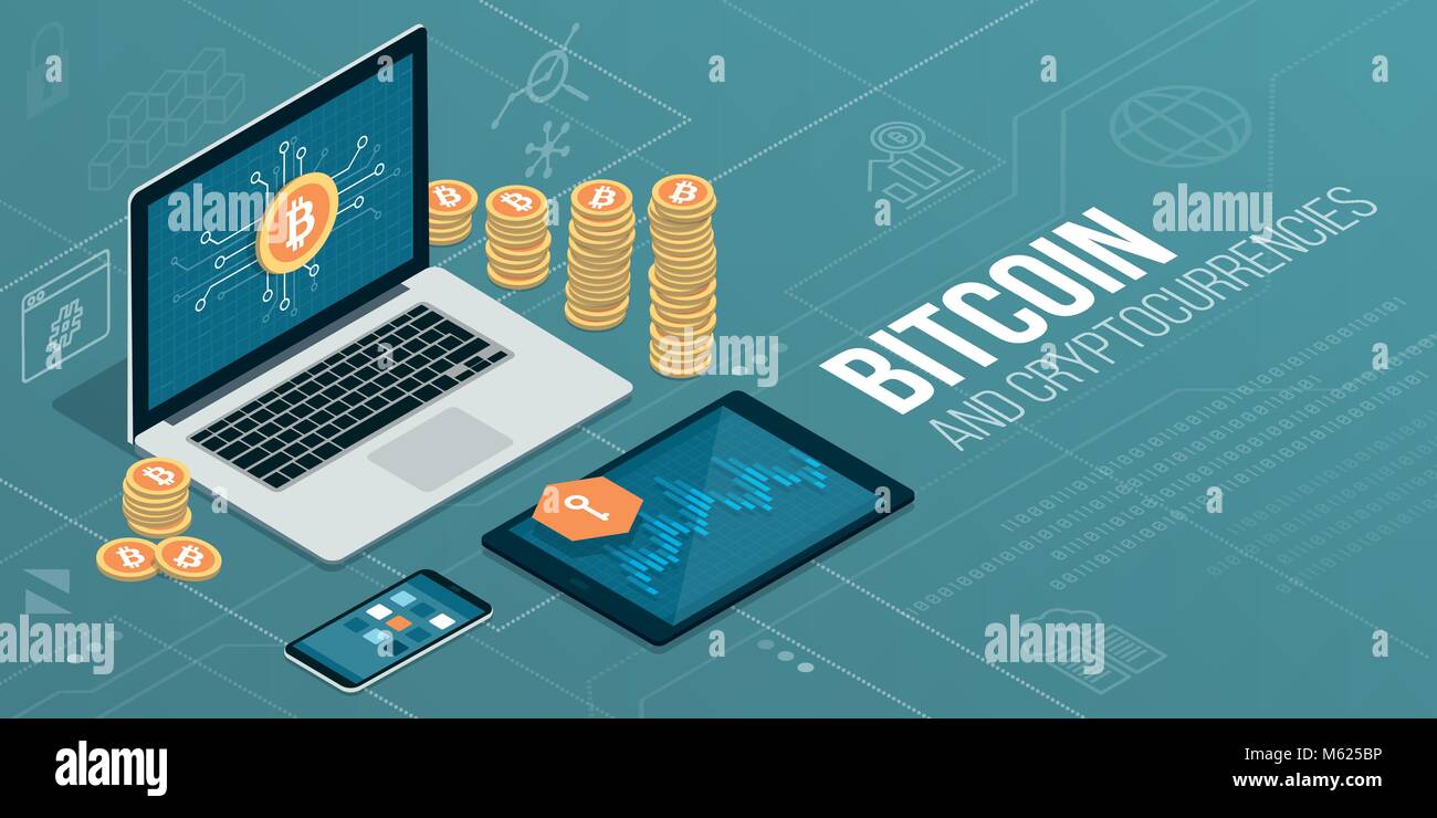 Bitcoin und cryptocurrencies: Laptop und mobile Geräte mit der App und Stapel von Bitcoins Stock Vektor