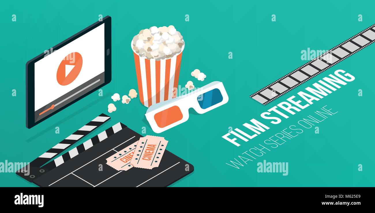 Online Filme und Serien Streaming auf einem Smartphone, Popcorn, Klappe und 3D-Brille: Video und Animation Konzept Stock Vektor