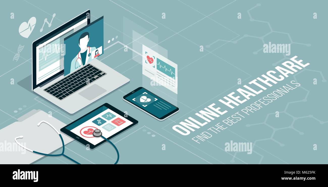 Online Gesundheitswesen und medizinische Beratung: Doktor videocalling auf einem Laptop und medizinische Anwendungen auf mobilen Geräten Stock Vektor