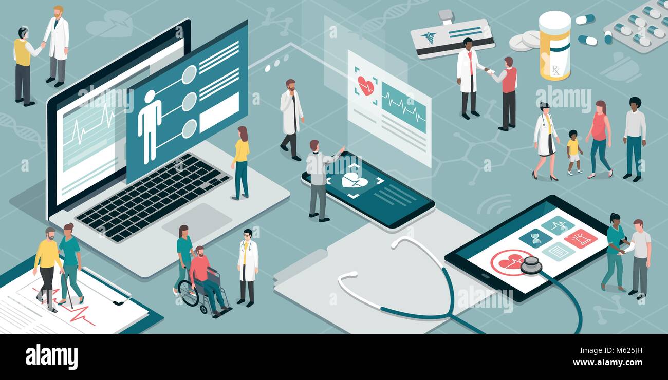 Healthcare und innovative Technologie: Apps für medizinische Prüfungen und online Beratung Konzept Stock Vektor