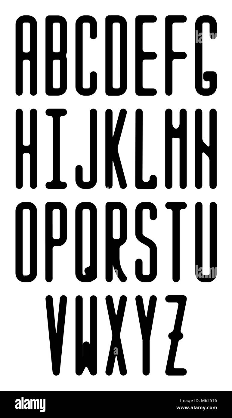 Dünne Vektor monospace Sans Serif Font mit abgerundeten Ecken. Moderne komprimierten Font. Stockfoto