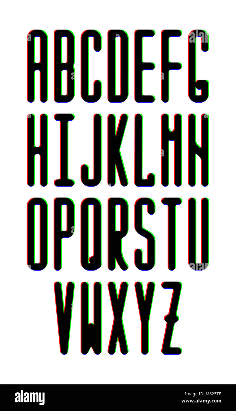 Dünne Vektor monospace Sans Serif Font mit abgerundeten Ecken und RGB-Effekt. Stockfoto