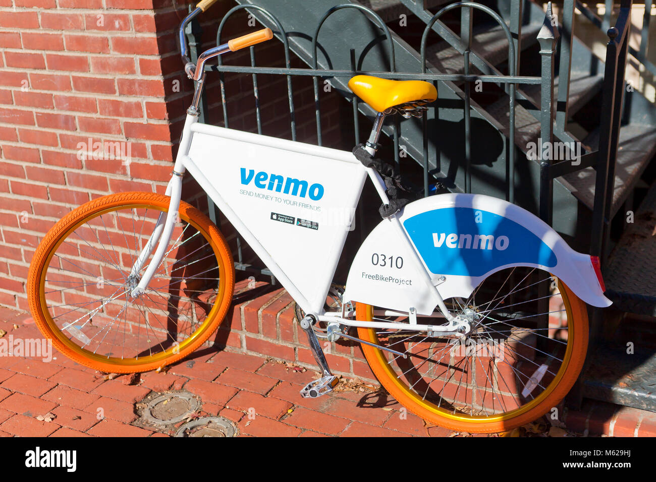 Venmo kostenloses Fahrrad Projekt Fahrrad geparkt in Washington, DC, USA Stockfoto