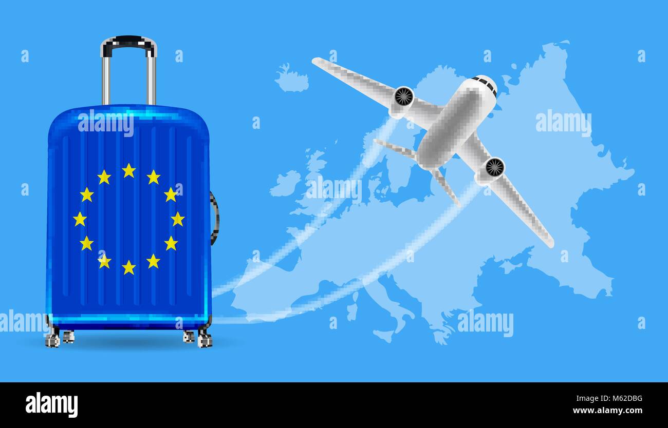 Flugzeug reisen Europa mit Gepäck auf Weltkarte Stock Vektor