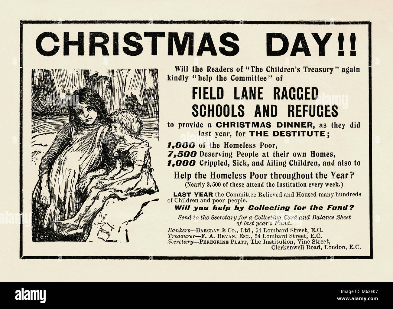 Alte 1910 Werbung für Spenden zugunsten der a Christmas Dinner und Entlastung für mittellose und "AUSGEFRANSTES" obdachlose Kinder durch das Feld 'Lane Ragged Schulen und von Flüchtlingen organisiert. Die Abbildung zeigt zwei traurig und schlecht gekleideten Mädchen Stockfoto
