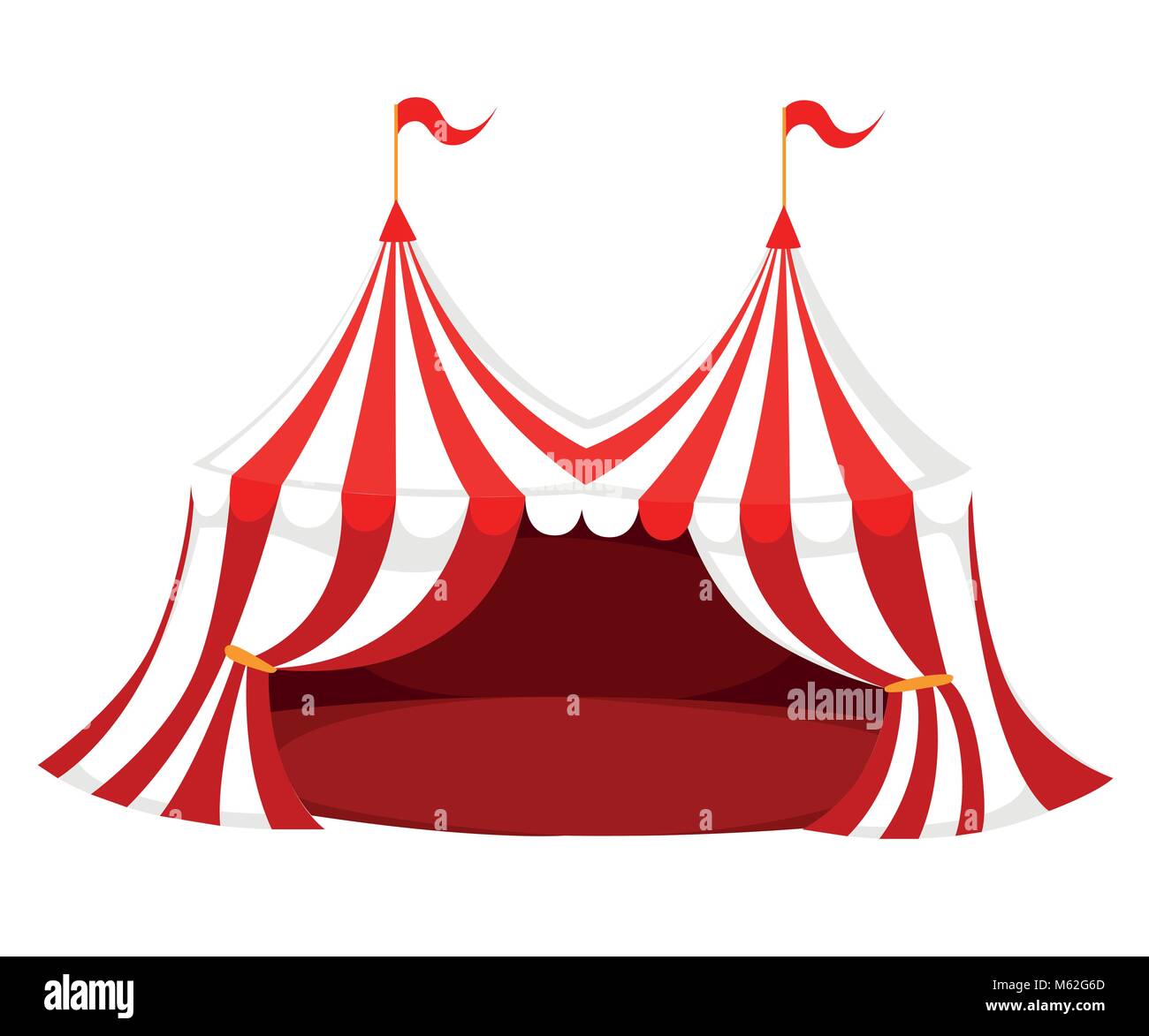 Rot und Weiß Zirkus oder Karneval Zelt mit Fahnen und roten Boden Vector Illustration auf weißem Hintergrund Web site Seite und mobile App Design Stock Vektor