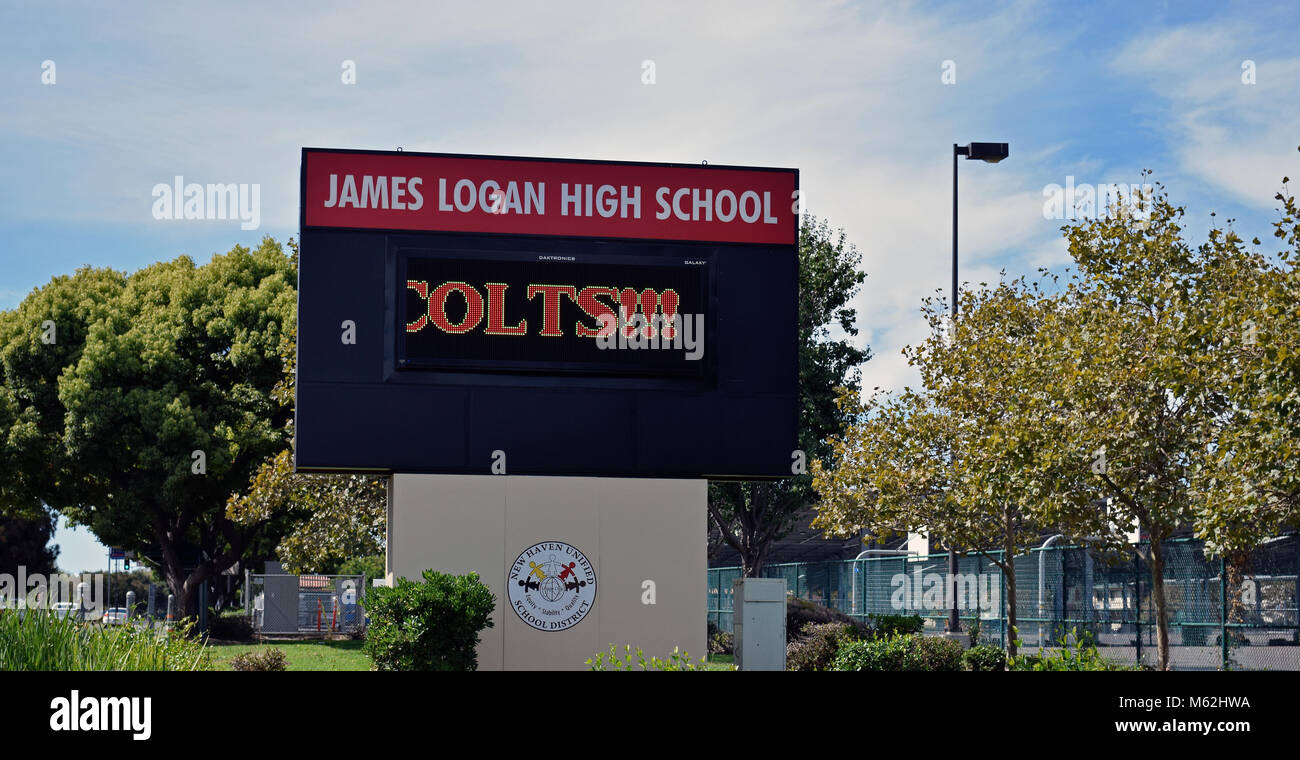 James Logan High School elektronisches Zeichen, Union City, Kalifornien Stockfoto