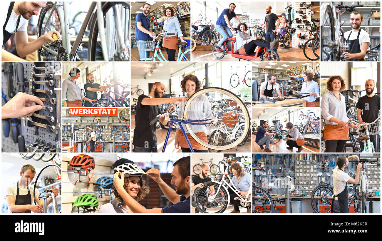 Collage mit Bildern im Fahrrad Shop: Verkauf und Reparatur - After-Sales-Service und Kunden und Verkäufer Stockfoto