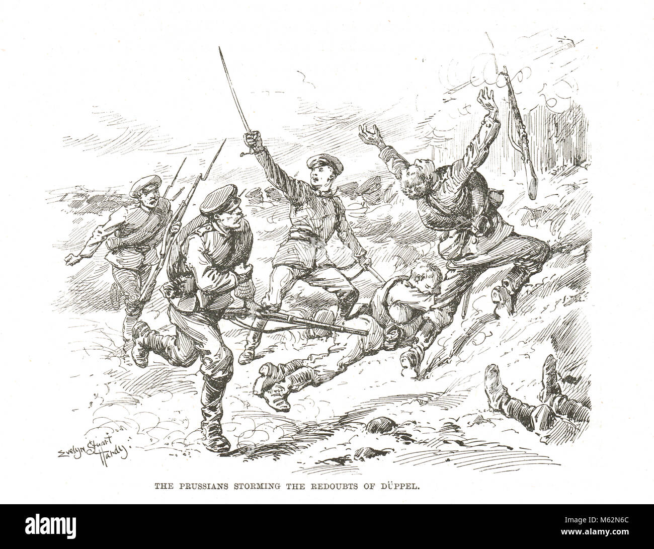 Preußen stürmen die Schanzen in der Schlacht von Dybbøl, auch als Duppel, key Schlacht des Zweiten Schleswig-Holsteinischer Krieg, am 18. April 1864 bekannt Stockfoto