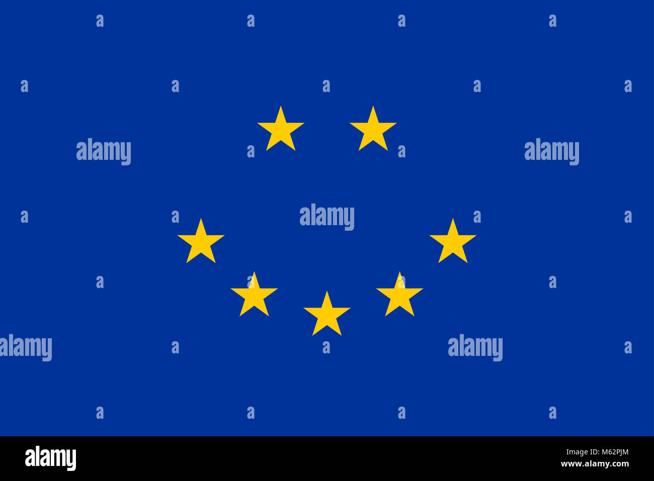 Glückliches Gesicht, der Fahne der Europäischen Union gemacht. Darstellung mit einem lächelnden Gesicht, von sieben gelbe Fünfzackige Sterne der Europaflagge. Stockfoto