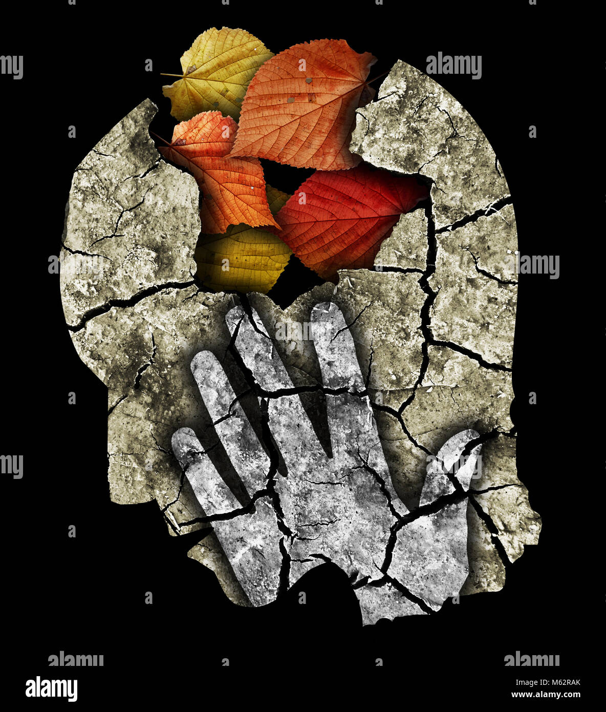 Demenz depression Alzheimers Krankheit. Stilisierten männlichen Kopf silhouette seinen Kopf Holding. Foto-Montage mit Trockene Rissige Erde und Blätter im Herbst symboliz Stockfoto