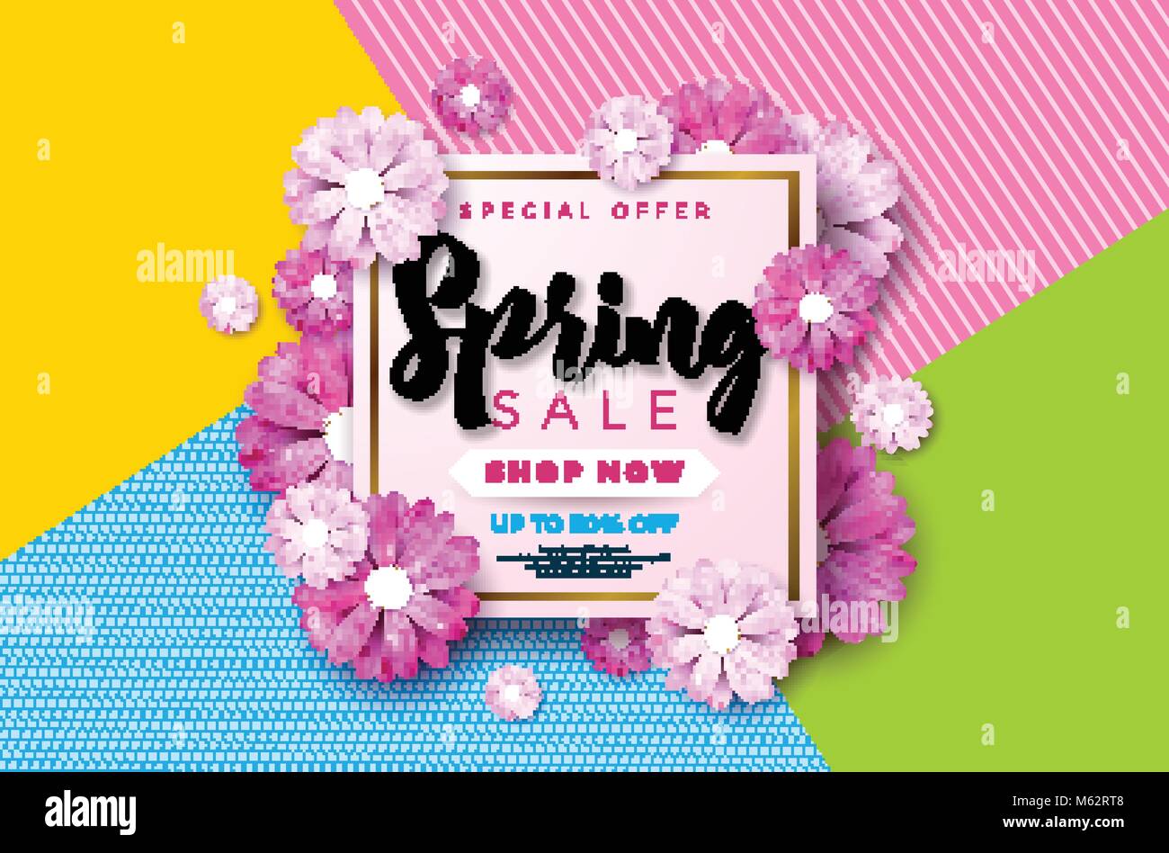 Frühling Verkauf Hintergrund Design mit schönen bunten Blume. Vektor floral Design Template für Coupon, Banner, Gutschein oder Werbe Poster. Stock Vektor