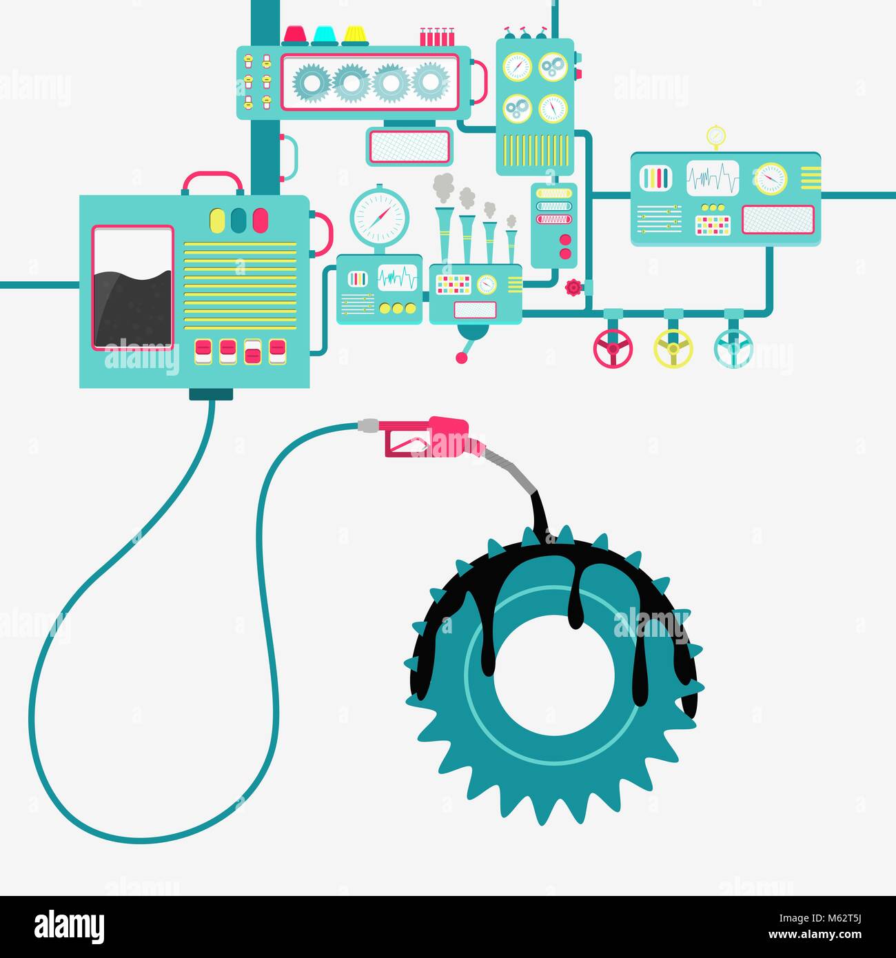 Maschinen der Fabrik Raffinieren von Öl und Verschütten auf das Zahnrad. Gang werden mit Öl geschmiert. Konzeptionell. Stock Vektor