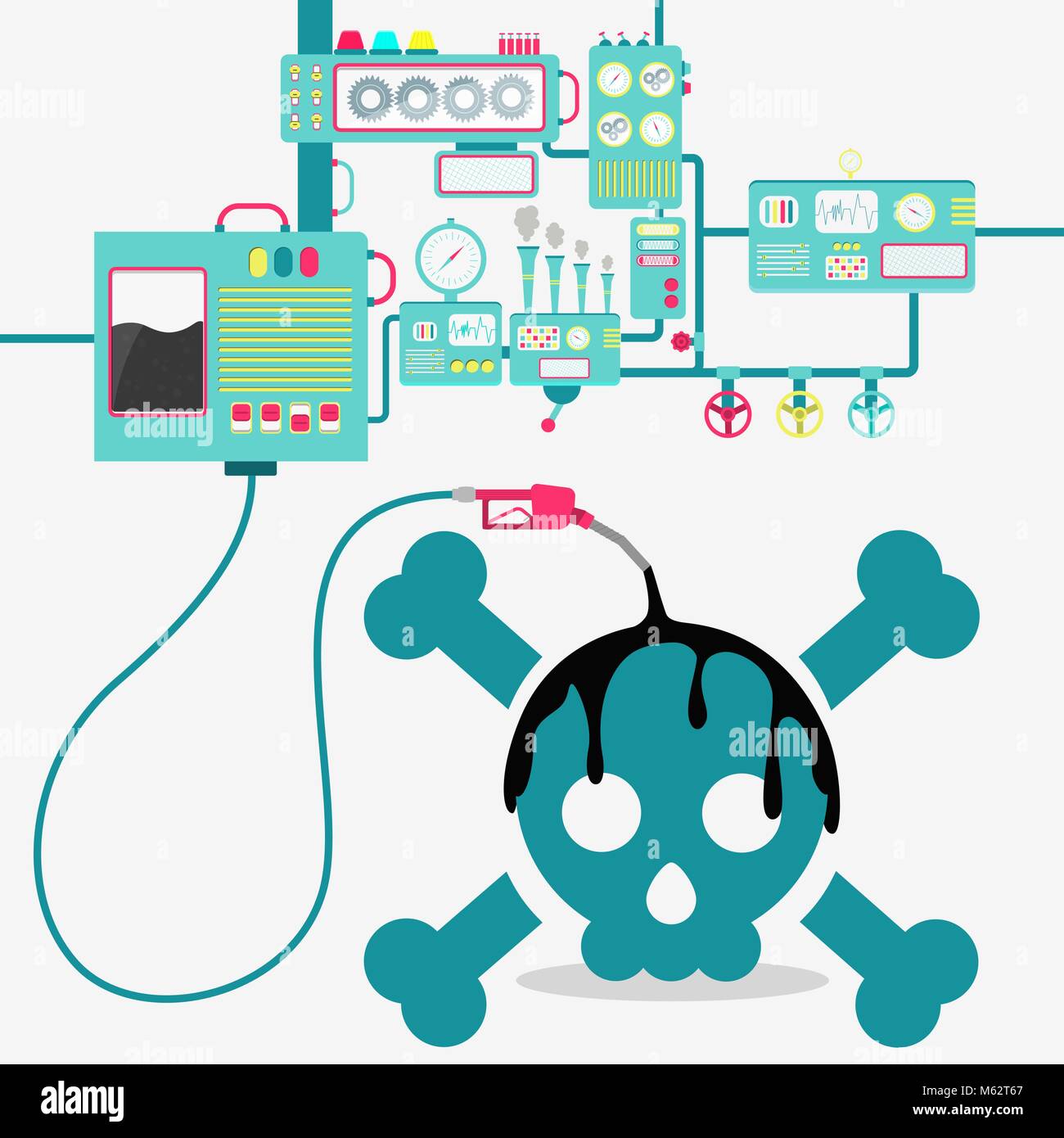 Maschinen der Fabrik Raffination Öl und Kleckern auf dem Schädel unterzeichnen. Gefahren der Verschmutzung durch Öl. Konzeptionell. Stock Vektor
